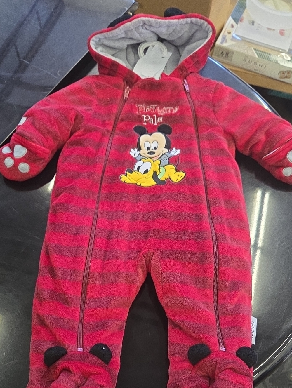 Red Striped Mickey & Pluto Fleece One-Piece Hooded Romper